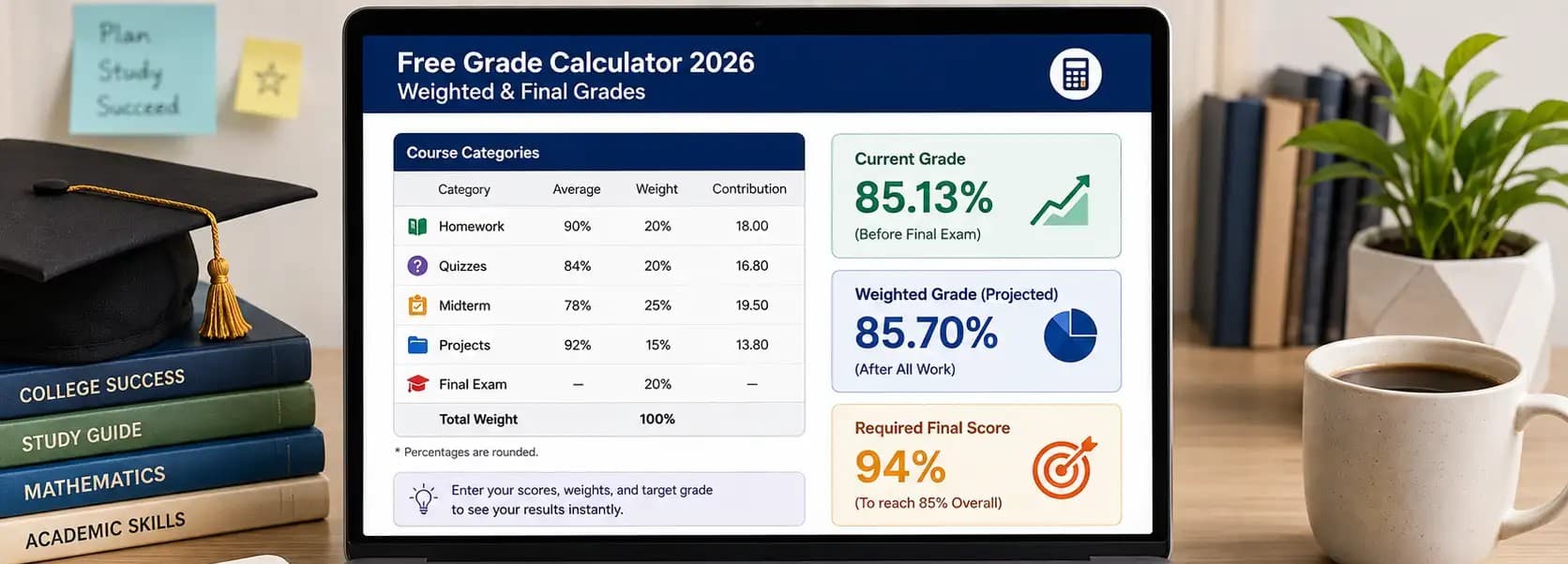Free Grade Calculator 2026: Weighted & Final Grades Free Grade Calculator 2026: Weighted & Final Grades — grade calculator