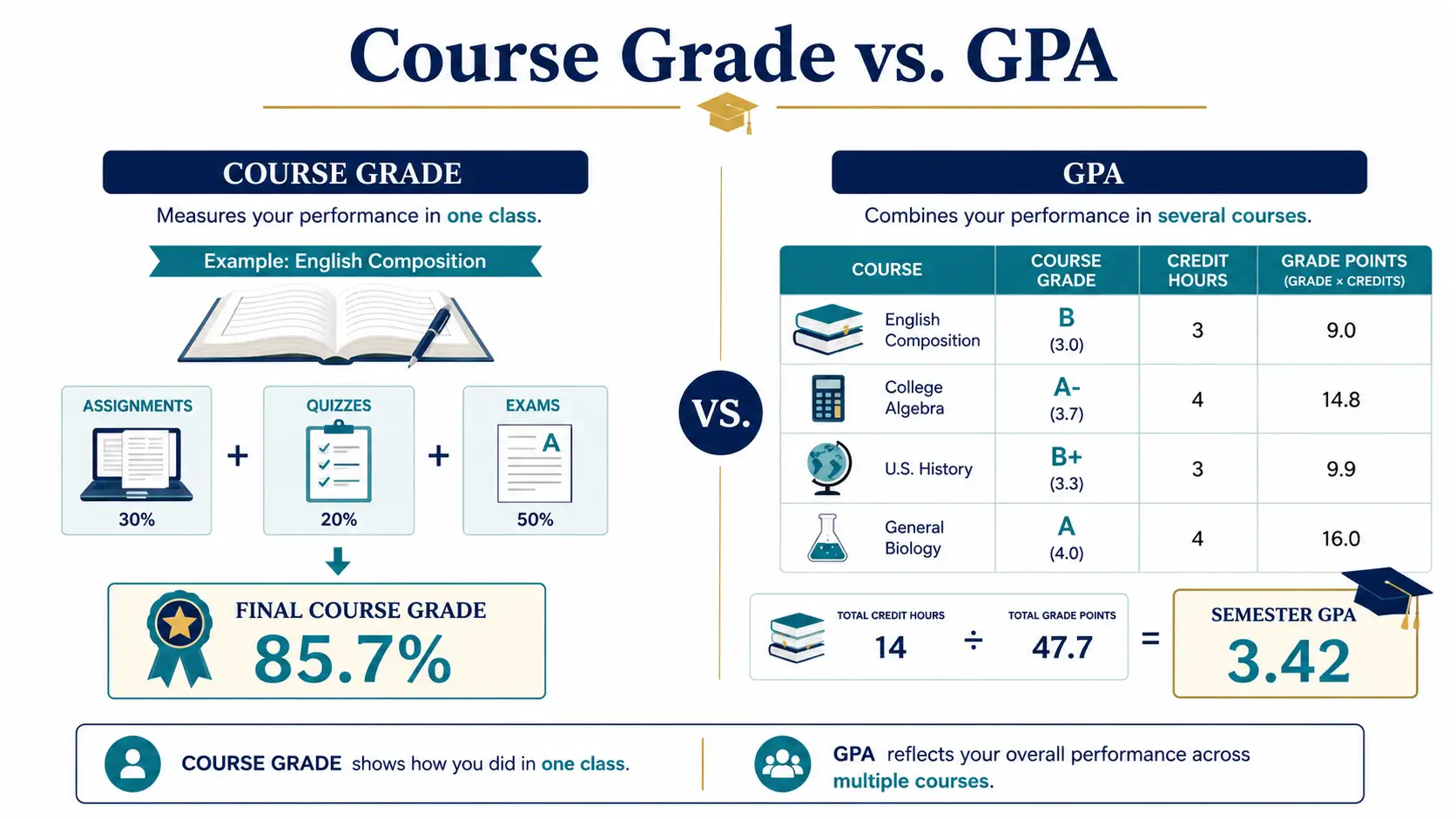 Course Grade vs. GPA Comparison Comparison of a single course grade and semester GPA calculated from multiple courses