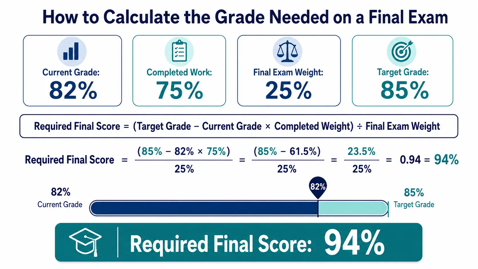 Final Exam Grade Needed Calculator Final grade calculator showing the score needed on a final exam to reach an 85 percent target grade