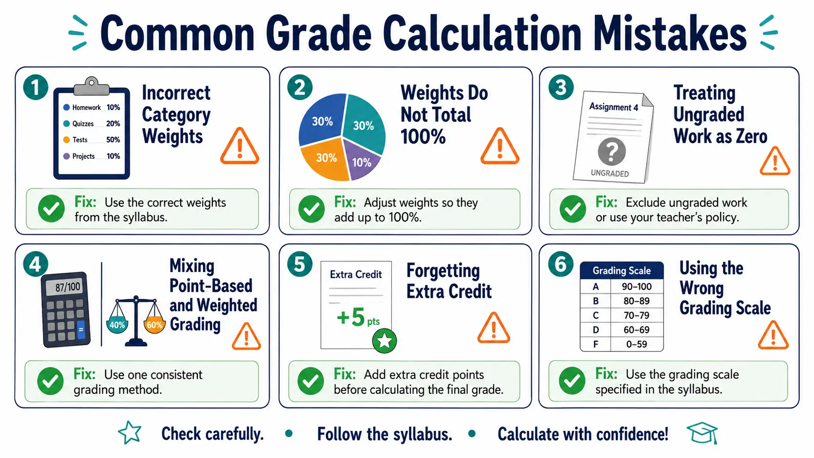 Common Grade Calculation Mistakes and Fixes Six common grade calculation mistakes with recommended corrections