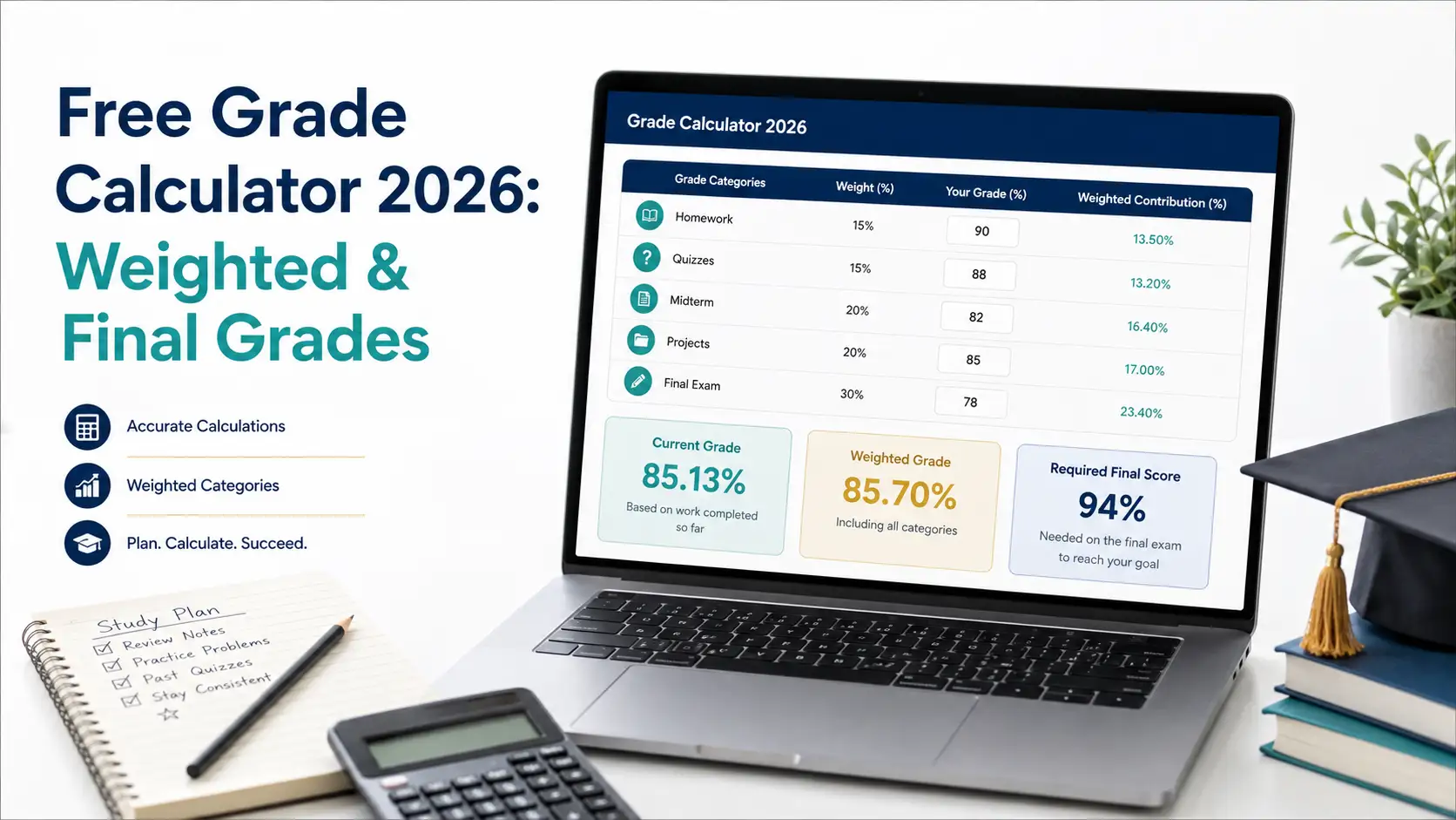 Free Grade Calculator 2026: Weighted and Final Grades Laptop displaying a free grade calculator with current grade, weighted grade, and required final exam score
